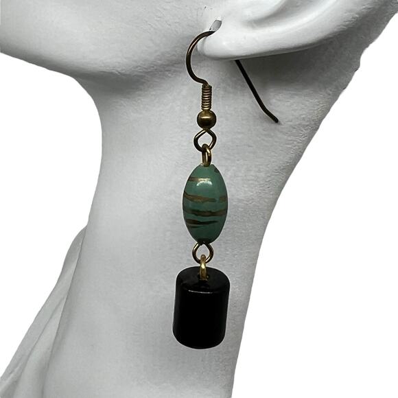 Boho Turquoise & Black Drop Earring - Gold-Tone Striped Jade Bead Dangle - Picture 1 of 7